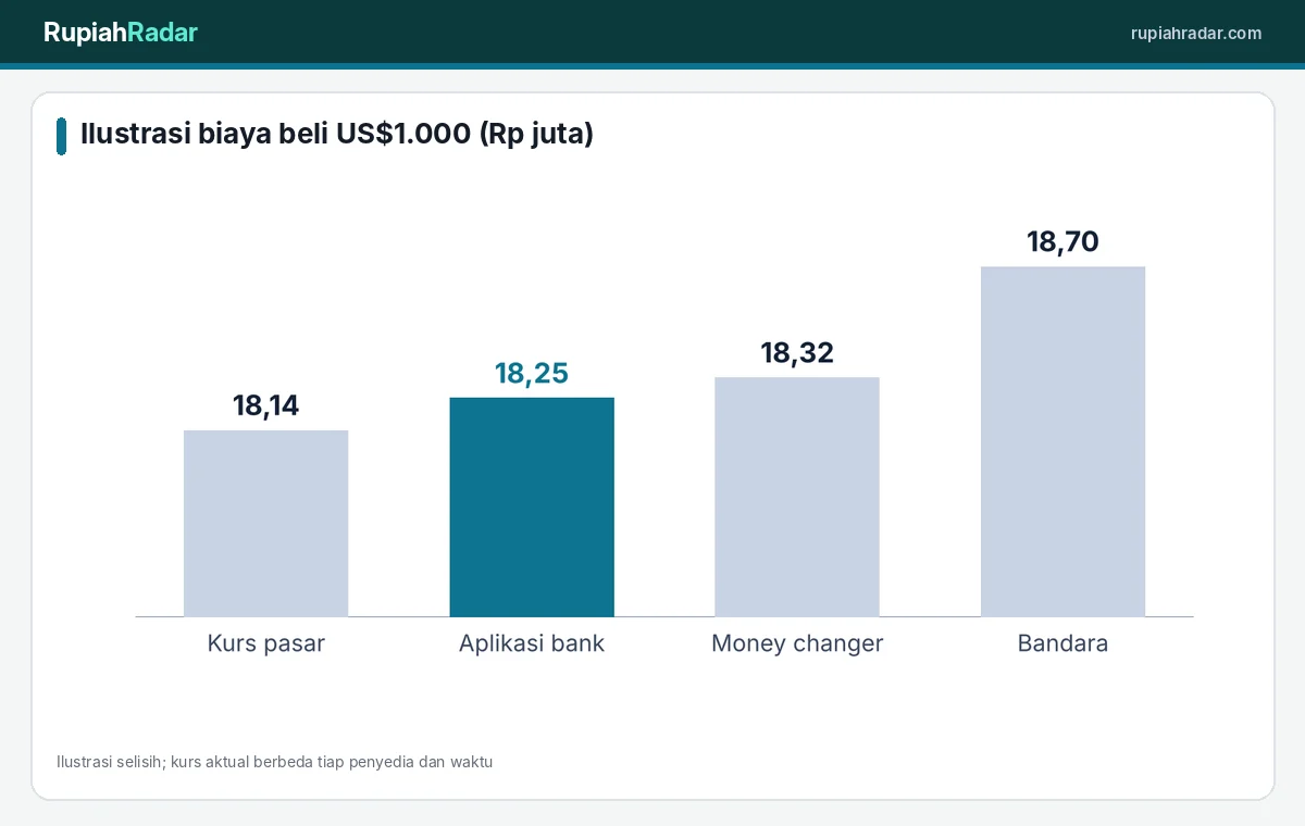 Ilustrasi biaya selisih kurs untuk menukar 1.000 dolar AS