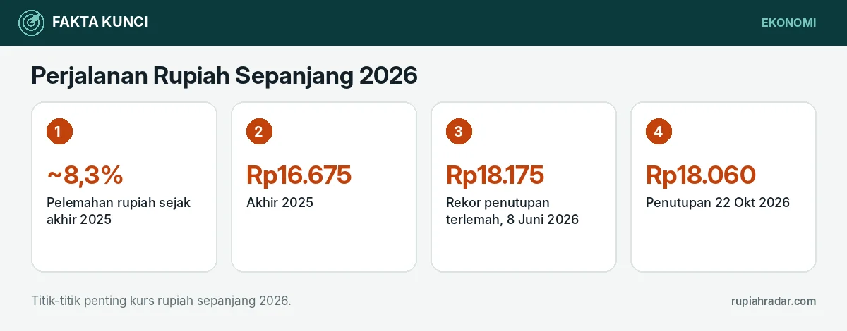 Fakta kunci: Perjalanan Rupiah Sepanjang 2026: Melemah Sekitar 8% dari Rp16.675 ke Rp18.060 per Dolar AS