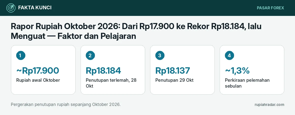 Fakta kunci: Rapor Rupiah Oktober 2026: Dari Rp17.900 ke Rekor Rp18.184, lalu Menguat — Faktor dan Pelajaran