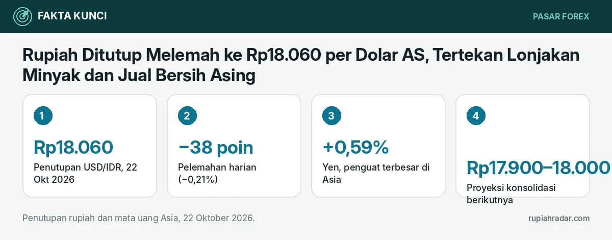 Fakta kunci: Rupiah Ditutup Melemah ke Rp18.060 per Dolar AS, Tertekan Lonjakan Minyak dan Jual Bersih Asing