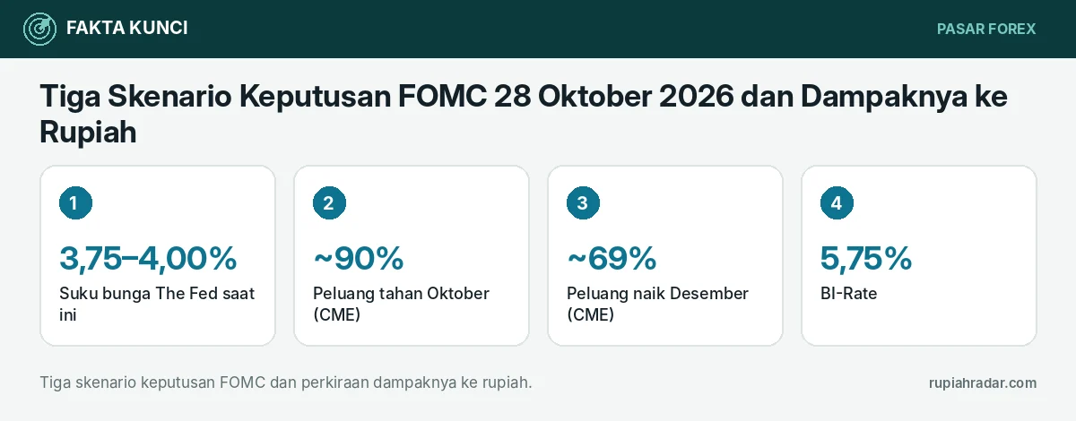 Fakta kunci: Tiga Skenario Keputusan FOMC 28 Oktober 2026 dan Dampaknya ke Rupiah: Tahan Netral, Tahan Hawkish, atau Kejutan Kenaikan